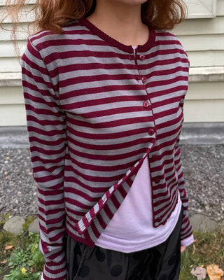 Round neck striped knit cardigan