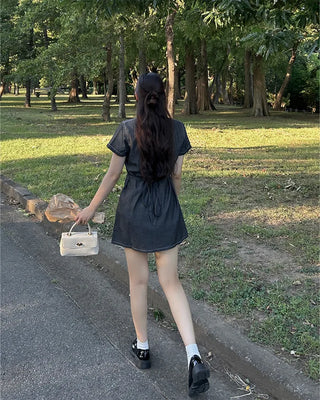 Rear Ribbon Denim Mini Dress