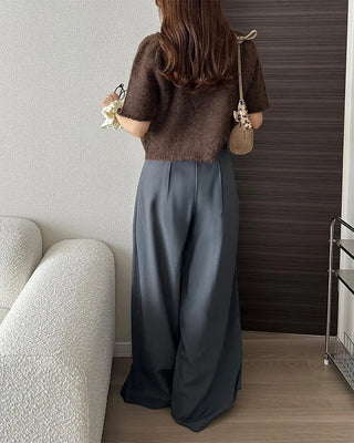High-waisted, pleated long wide slacks