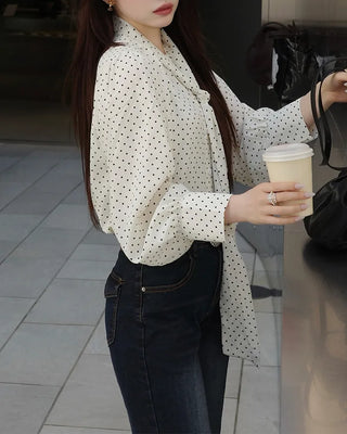 Polka Dot Ribbon Tie Blouse