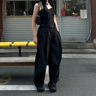 Unisex wide-leg elastic waist pants with two pleats