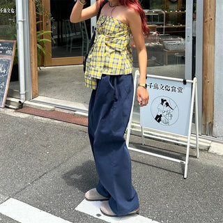 Checked Ribbon Shirt Tube Top