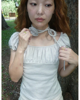 Rose Tie Set Puff Sleeve Gathered Rib Top