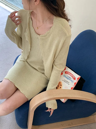 (4 colors) (set) Lace sleeveless knit dress & cardigan set