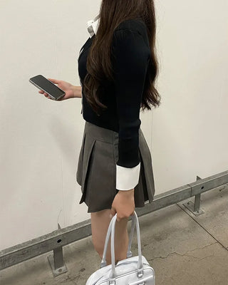 Shirt-layered long-sleeved cardigan