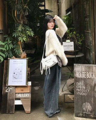 Boat neck cropped shaggy knit