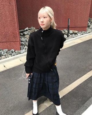 Asymmetrical pleated knit zip-up