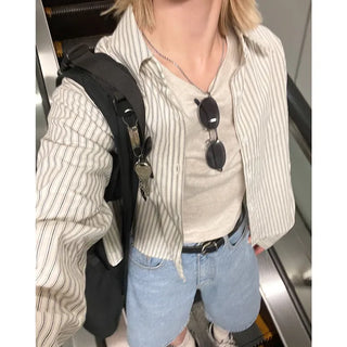 Striped long-sleeved cropped shirt