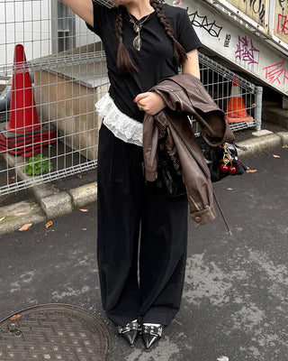 Lace Shirring Half-Sleeve T-Shirt