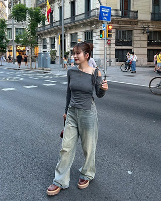 Asymmetrical Off-Shoulder Ribbon T-Shirt