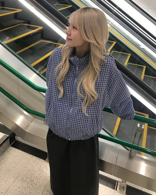 Gingham check half-zip pullover
