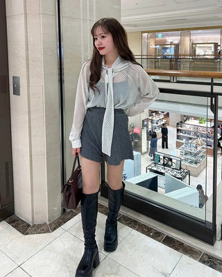 See-through polka dot tie blouse