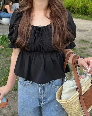Ribbon Shirred Off-Shoulder Blouse
