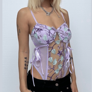 Flower embroidery bowknot mesh lace up cami bodysuit