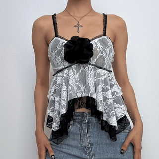 Lace patchwork flower applique ruffle cami top