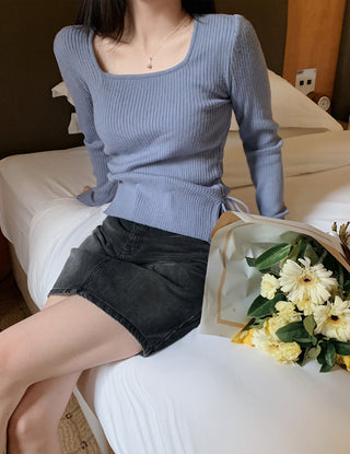 Side Ribbon Slim Square Knit - 4 Colors