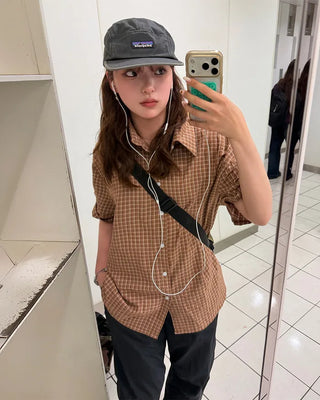 Gingham check half shirt