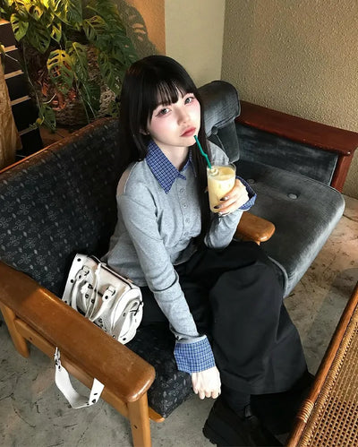 Checkered shirt layered gathered cardigan