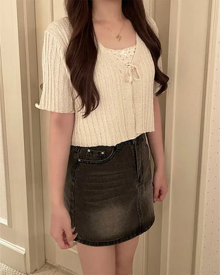 Ribbon Cropped Half-Sleeve Cardigan