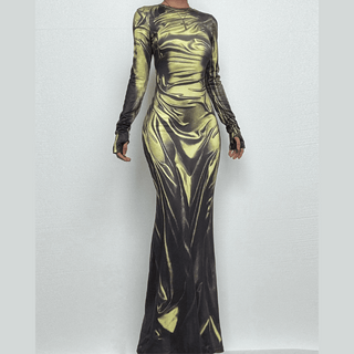 Long sleeve crewneck ruched print maxi dress