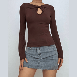 Knotted hollow out long sleeve v neck ruched cut out top