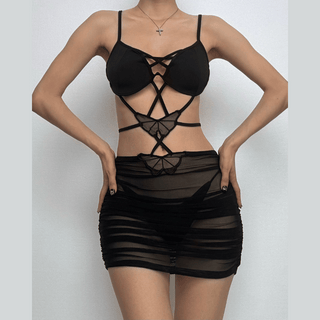 Cross front butterfly mesh hollow out cami cut out mini dress
