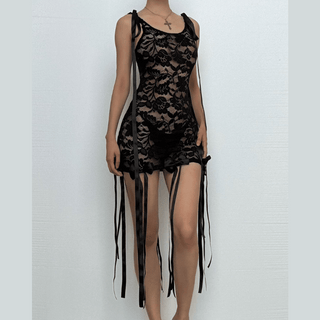 Sleeveless u neck lace bowknot knotted ribbon see through mini dress