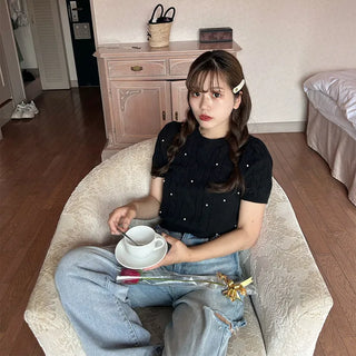 Pearl Cable Knit Short Sleeve Knit