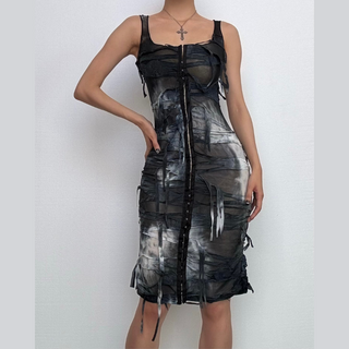 Tie dye button tassels square neck tank midi dress
