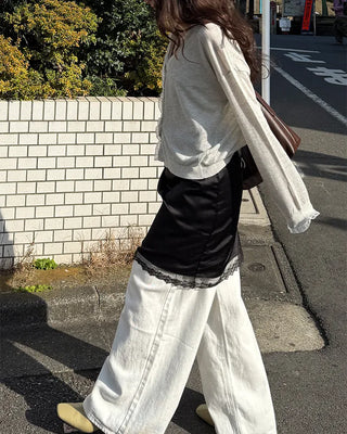 Lace hem satin midi skirt