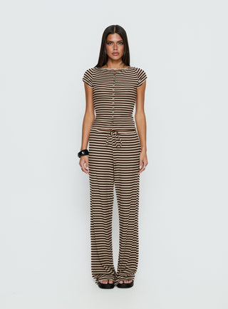 Angellina Jersey Button Down Top Chocolate  Cream Stripe