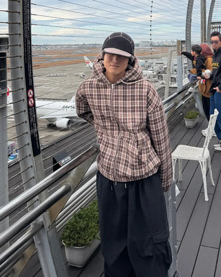 Boa-lined check hooded jacket