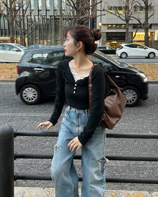 Lace detail button knit
