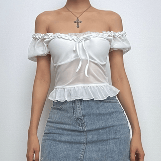 Short puff sleeve ruffle ruched knotted crop top
