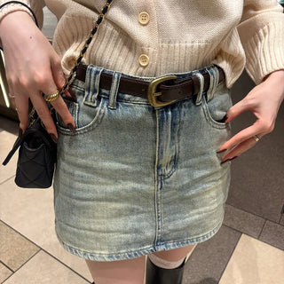 Belted denim mini skirt