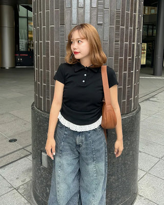 Color neck lace detail short-sleeved T-shirt