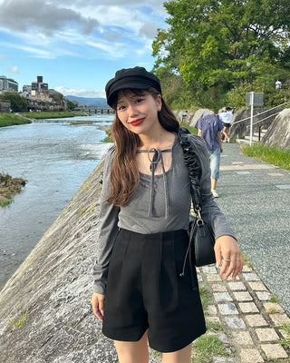Jewel Neck String Dot Long T-Shirt