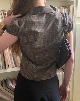 Checked cap-sleeve shirt blouse