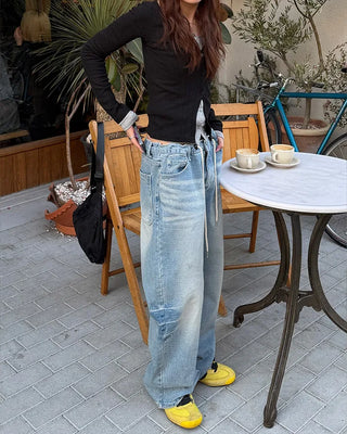 Washed string denim pants