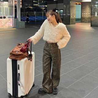 Leopard print semi-wide pants