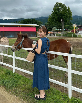 Back-slit denim long dress