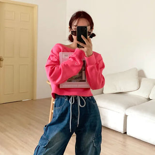 Sleeve Ribbon Off-Shoulder Sweatshirt