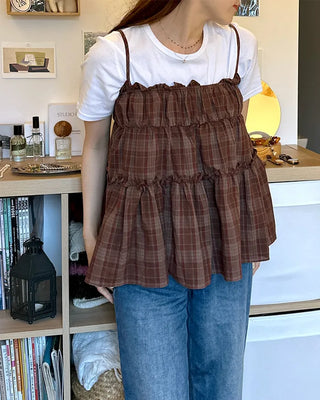 Frilled Shirring Check Sleeveless Dress
