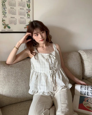 Checked Ribbon Sleeveless Blouse