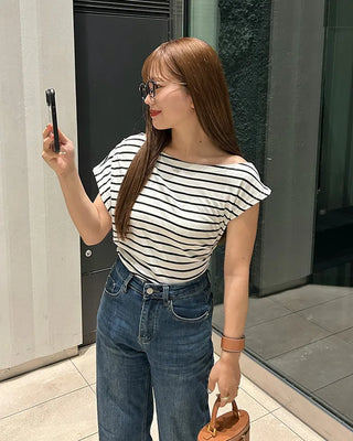 Asymmetrical Off-Shoulder Striped T-Shirt