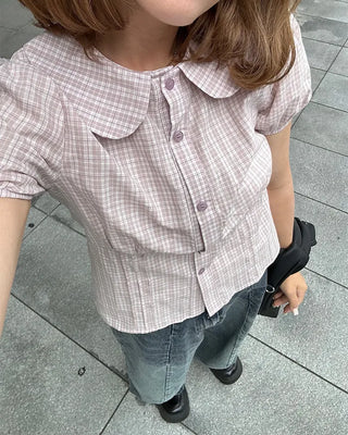 Round collar check short-sleeved blouse