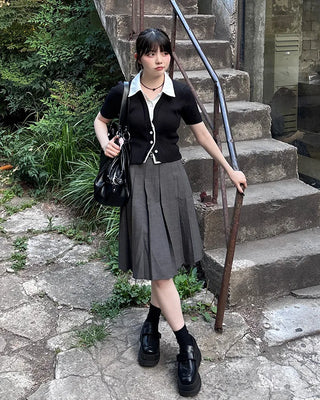 Shirt-layered short-sleeved cardigan