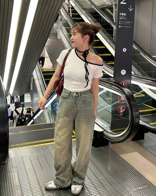 One-off shoulder two-tone half-sleeve T-shirt