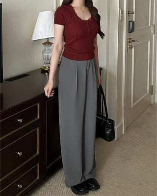 Pleated straight-leg slacks
