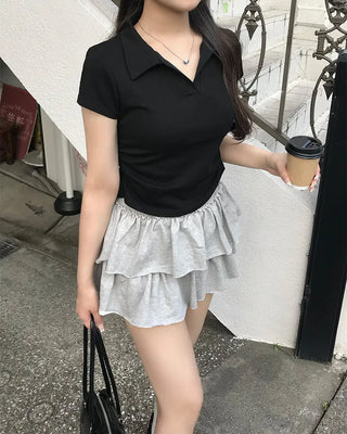 Open-collar shirred half-length T-shirt